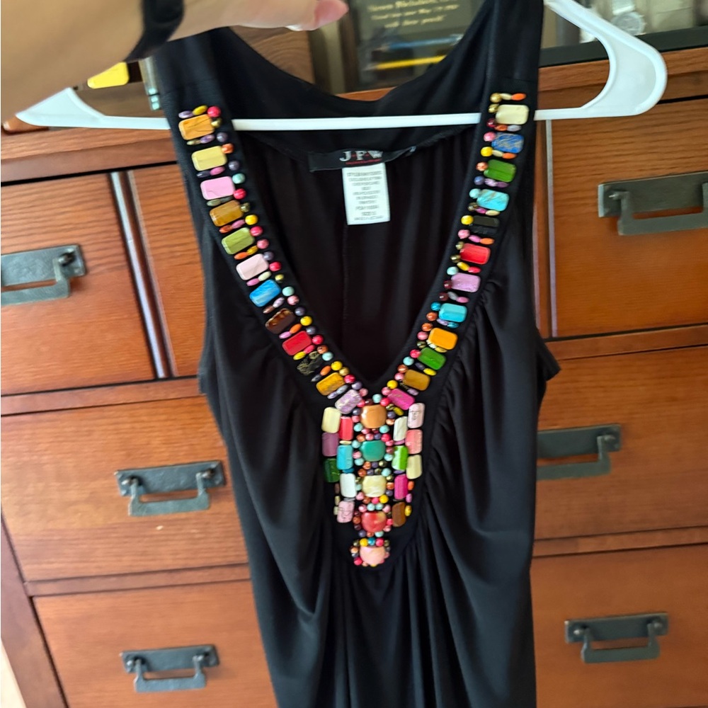 Chic Black Dress with Multicolored Beaded Neckline